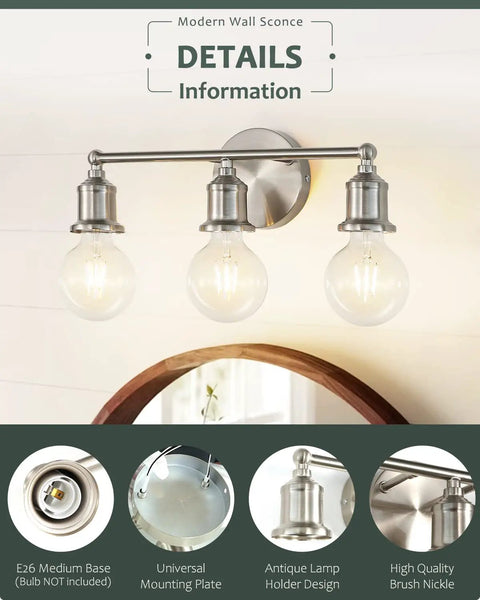 Three Light Vanity Fixture In Brushed Nickel, Modern Farmhouse Wall Sconce with E26 base over bathroom mirror, silver finish.
