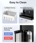 Easy cleaning features of Top Shelf 4-In-1 Countertop Water Dispenser Plus Fast Ice Maker with removable tray and ice basket.