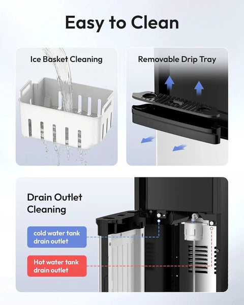 Easy cleaning features of Top Shelf 4-In-1 Countertop Water Dispenser Plus Fast Ice Maker with removable tray and ice basket.