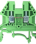 Front view of Green DK2.5N-GN DIN Rail Terminal Block Screw Type UL 600V 20A 12-22AWG, with secure screw terminals in green rugged design.