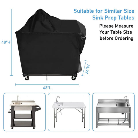 48 Inch Outdoor Sink Cover For Feasto And Cuisinart CGWM-090 CGWM-094 with dimensions shown 48L x 24W x 48H, black in color.