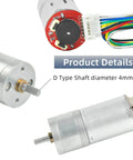 Pair Of 12V DC Gear Motors With Encoder, 100 RPM, 1:45 Gear Ratio, D Shaft, Metal Housing, Silver Finish, close-up of motor details
