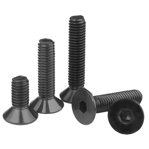125 Piece Grade Ten Point Nine Alloy Steel Flat Head Hex Socket Cap Screws Set M3 X 8 12 16 20 25 MM With Allen Key Black Oxide Finish Fully Threaded For Heavy Duty Projects, showing flat head screws with hex sockets and black finish.