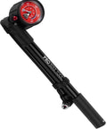 High Pressure 300 PSI Shock Pump For Mountain And Road Bikes With Schrader Valve No Leak Valve T Handle Front Fork And Rear Suspension Air Shock Tool Precise Dial Gauge For Quick Smooth Adjustments showing red gauge.