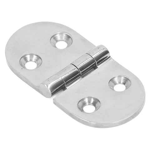 Straight Up Tough Thickened Oval Door Hinges Built From Rust Proof Stainless Steel With A Crisp Mirror Shine, close-up view.