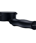 58MM Bottomless Portafilter With Titanium PVD Coated Head And Anodized Aluminum Handle Slick Fit For Breville Dual Boiler And Oracle Espresso Machines Includes 18G Filter Basket For Killer Shots Daily, black ergonomic handle view.