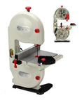 Badass 8 Inch Vertical Band Saw With Adjustable Tilt Table for cutting wood, metal, plastic, and bone, showcasing motor and table features.