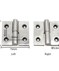 Two 304 stainless steel hinges with 75×75mm plates and 5.8mm thickness