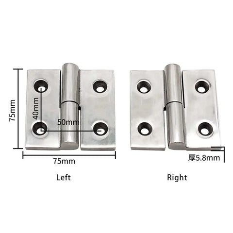 Front view of 304 stainless steel hinge pair with mounting holes; left and right plates, 75mm square, 5.8mm thick.