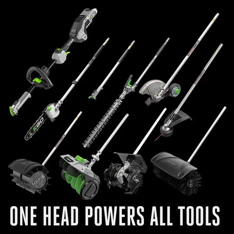 Cordless Electric Power Head Compatible With Multi Head System Attachments arranged on black background