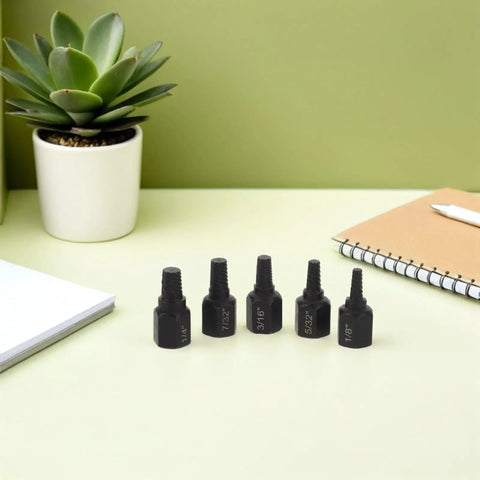 Heavy Duty 5 Pc Bolt Extractor Set With Cool Spiral Flute Design For Stripped Broken Screw Removal Tool Plus Easy Grip Carbon Steel Handles Perfect For Industrial Jobs And DIY Repairs, five black extractor bits with size markings
