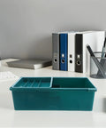 Under Desk Storage Tray With Three Tier Drawers, Plastic Desktop Organizer on office desk with files and pens