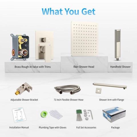 Components of 10 Inch Overhead Rain Shower System With Handheld Brushed Nickel Shower Faucet Set displayed with accessories on marble.