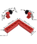 Squared Up 90 Degree Positioning Square Right Angle Splicing Clamp Kit Adjustable Woodworking Corner Fixture Pro Grade Jig For Cabinets Picture Frames No Hassle Setup Red Finish with dimensions and components.