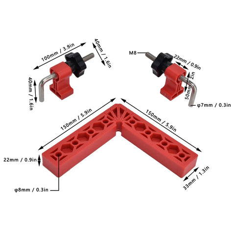 Squared Up 90 Degree Positioning Square Right Angle Splicing Clamp Kit Adjustable Woodworking Corner Fixture Pro Grade Jig For Cabinets Picture Frames No Hassle Setup Red Finish with dimensions and components.
