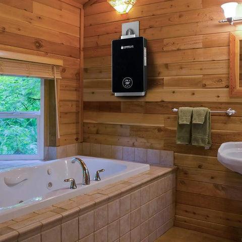 Bathroom with mounted indoor gas water heater, showcasing where to install 2.36 Inch Beefy Stainless Steel Vent Wall Thimble For Exhaust Venting.