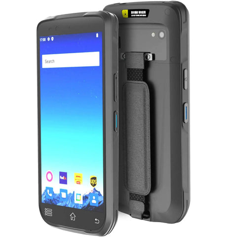Front and back view of Rugged Android 12 Barcode Scanner Handheld Mobile Computer With Octa Core 2.0GHz 1D 2D QR Code NFC Reader IP66 4G WiFi 6.0 Inch Touch Screen For Inventory Retail Logistics