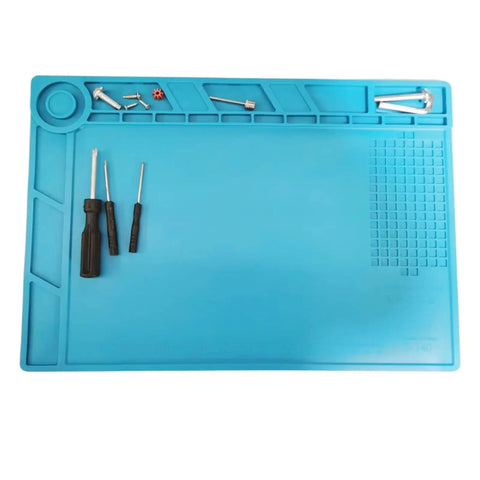 Magnetic Silicone Repair Mat For Soldering And Electronics Workbench, Great For Phones Watches Computers; tools placed on mat