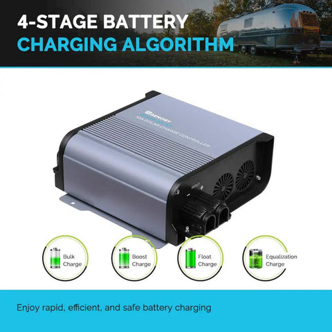 Next Level MPPT Solar Charge Controller For Golf Carts And Deep Cycle Batteries With Smart Four Stage Charging viewed from the side.