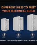 Outdoor Weatherproof Junction Box With Hinged Cover In Lightweight Polycarbonate NHWE M, NEMA 4X Rated Electrical Cabinet For Outdoor Wiring, Plugs, And Cables, Includes Cable Glands, Mounting Plate, UV And Rain Shield. Sizes S M L