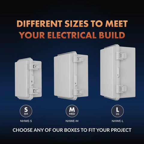 Outdoor Weatherproof Junction Box With Hinged Cover In Lightweight Polycarbonate NHWE M, NEMA 4X Rated Electrical Cabinet For Outdoor Wiring, Plugs, And Cables, Includes Cable Glands, Mounting Plate, UV And Rain Shield. Sizes S M L