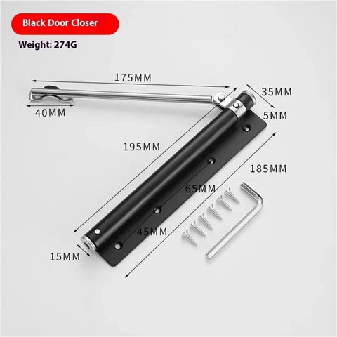 Black adjustable auto close door closure for outdoor gates aluminum alloy gate closer beefed up with spring tension hardware