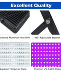Advanced aluminum heat sink, adjustable bracket, tempered glass, UV-A LED chips of 2 Pack 100W UV Flood Lights Blacklight For Outdoor Use IP66 Waterproof Stage Lighting 395nm 405nm Glow Party UV Glue Resin Curing With UL Plug And 3.3 Foot Cable High Intensity Long Life.