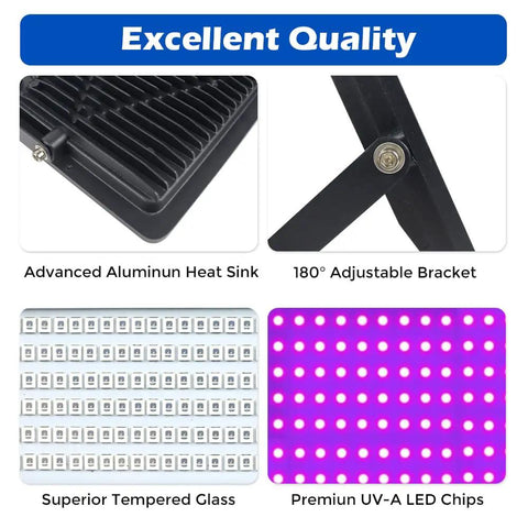 Advanced aluminum heat sink, adjustable bracket, tempered glass, UV-A LED chips of 2 Pack 100W UV Flood Lights Blacklight For Outdoor Use IP66 Waterproof Stage Lighting 395nm 405nm Glow Party UV Glue Resin Curing With UL Plug And 3.3 Foot Cable High Intensity Long Life.