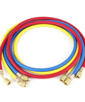 No Sweat One Point Five Meter AC Recharge Hose With Easy Turn Valves Six Hundred Psi Pressure Rated Quarter Inch Tube, red, blue, yellow hoses with brass ends.