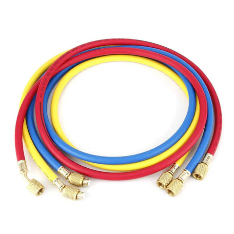 No Sweat One Point Five Meter AC Recharge Hose With Easy Turn Valves Six Hundred Psi Pressure Rated Quarter Inch Tube, red, blue, yellow hoses with brass ends.
