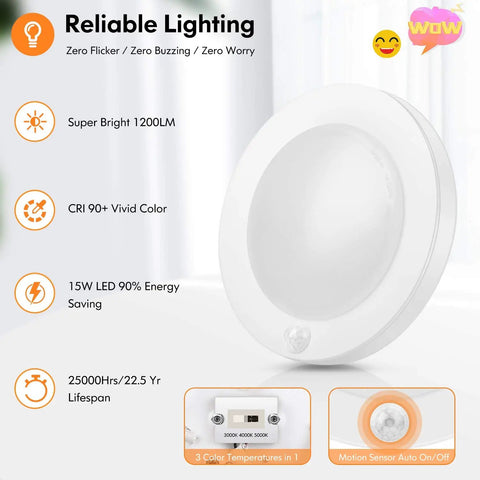 No Fuss Motion Sensor LED Ceiling Light Kit 15W 100W Equivalent 1200LM Three Color Temperatures 3000K 4000K 5000K Flush Mount Ceiling Fixture For Doorways Stairways And Hallways Pack Of Two White Non Dimmable product features