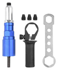 Electric Rivet Nut Setter Adapter Kit with aluminum head, plastic handle, and wrench for cordless drills, automotive projects