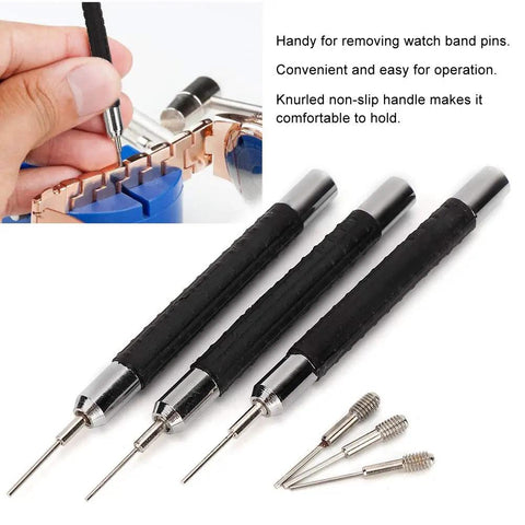 Watch Band Link Remover Tool Set With Pin Punch Kit For 0.7mm, 0.8mm And 0.9mm Pins shown with tools and pin punches