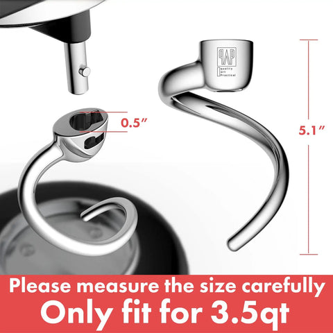 Beefy Spiral Dough Hook Replacement For Three Point Five Qt Tilt-Head Mixers, 18 8 Stainless Steel, shown in detail and size dimensions