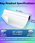 Direct To Film Roll 13 Inch By 328 Feet A3 Plus PET Double Sided Matte Clear 75 Micron Anti Static Hot Peel For DTF Printer