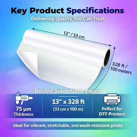 Direct To Film Roll 13 Inch By 328 Feet A3 Plus PET Double Sided Matte Clear 75 Micron Anti Static Hot Peel For DTF Printer
