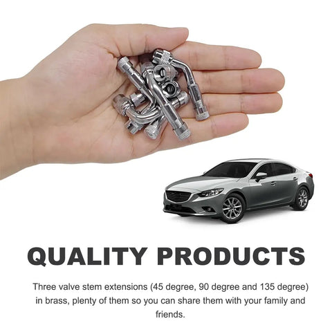 Hand holding six pack valve stem extenders universal tire valve extensions 45 degree 90 degree 135 degree angles for cars