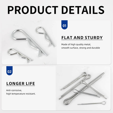 Stainless Steel Cotter Pin Kit With 295 Pieces Including 13 Sizes Of R Clip Pins Pro Grade Spring Fasteners displayed on white