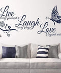 Live Love Laugh Set Of 3 Motivational Wall Stickers For Family Decor Black 18x39 Inch Peel And Stick on white wall above sofa