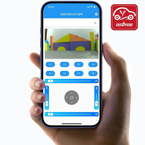 OSOYOO Mecanum wheel robot car kit app interface on smartphone with blue control UI and OSOYOO logo