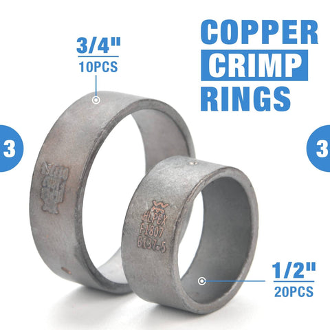 Angle PEX Crimping Tool Kit For One Half Inch And Three Quarter Inch PEX Rings with visible copper rings, 20x 1/2", 10x 3/4".