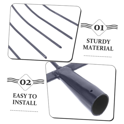Close-up of iron tines and handle of Heavy Duty Handheld Manure Fork For Garden And Lawn Cleanup Iron Farm Tool For Outdoor Use