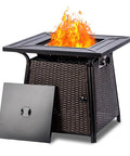 28 Inch Wicker Propane Fire Pit Table For Outdoor Use With 50,000 BTU Gas Fire Pit And Lid, Lava Rocks Included, Brown Rattan Patio Garden Fire Pit