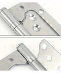 Four-pack heavy-duty door hinges, brushed stainless steel; front/close-up views of hinge knuckle and mounting holes.