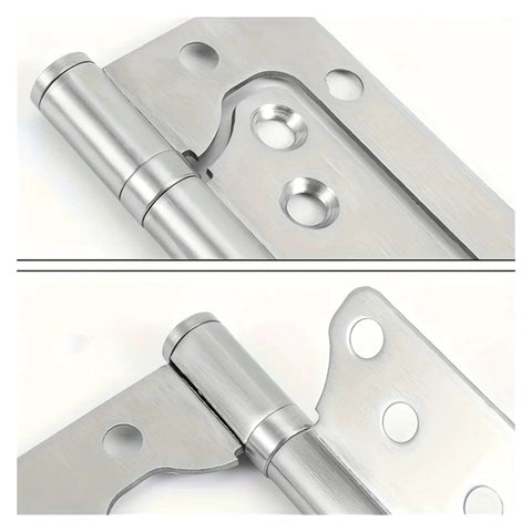 Four-pack heavy-duty door hinges, brushed stainless steel; front/close-up views of hinge knuckle and mounting holes.