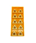 Yellow plastic organizer holding 12 TCMT32.51 carbide turning inserts (triangular with center hole)