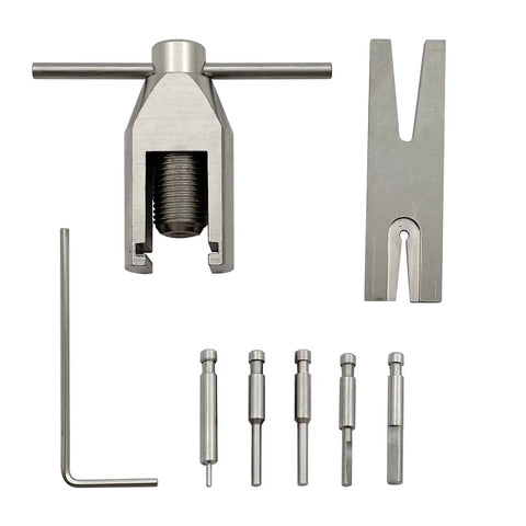 Pinion Gear Puller Kit For RC Motors And Pinion Removal shown with tools, pins, and components on display