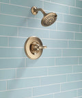 Linden 14 Series Shower Trim Kit With 5 Spray Touch Clean Shower Head in Venetian Bronze, wall-mounted on blue tile background.