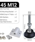 Adjustable Foot Pad Mounting Kit for 2020 3030 4040 Aluminum Profiles with M12 threads, bracket, T-nuts, washers, and screws