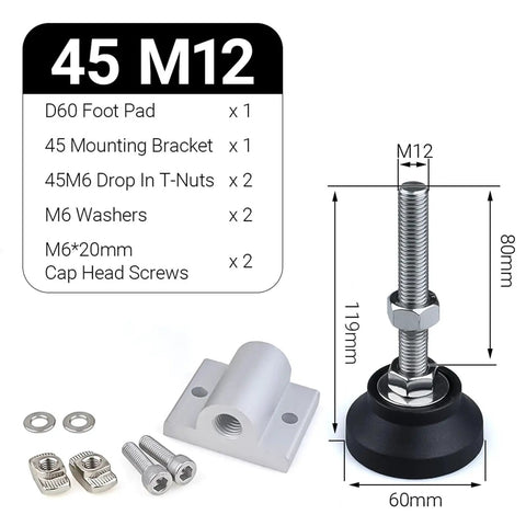 Adjustable Foot Pad Mounting Kit for 2020 3030 4040 Aluminum Profiles with M12 threads, bracket, T-nuts, washers, and screws